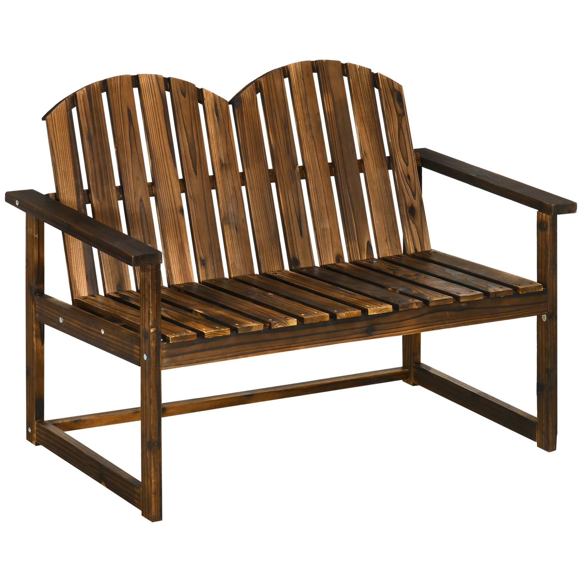 Photo of Outsunny Outdoor Wooden Garden Bench, Patio Loveseat Chair with Slatted Backrest and Smooth Armrests for Two People, for Yard, Lawn, Porch, Carbonised Finish in Finish colour on a white background