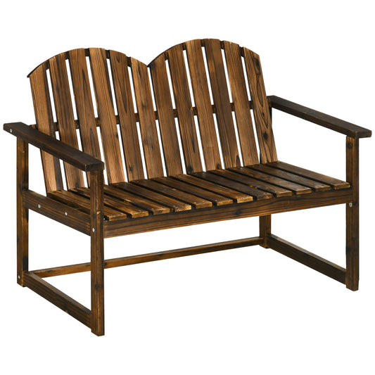 Photo of Outsunny Outdoor Wooden Garden Bench, Patio Loveseat Chair with Slatted Backrest and Smooth Armrests for Two People, for Yard, Lawn, Porch, Carbonised Finish in Finish colour on a white background