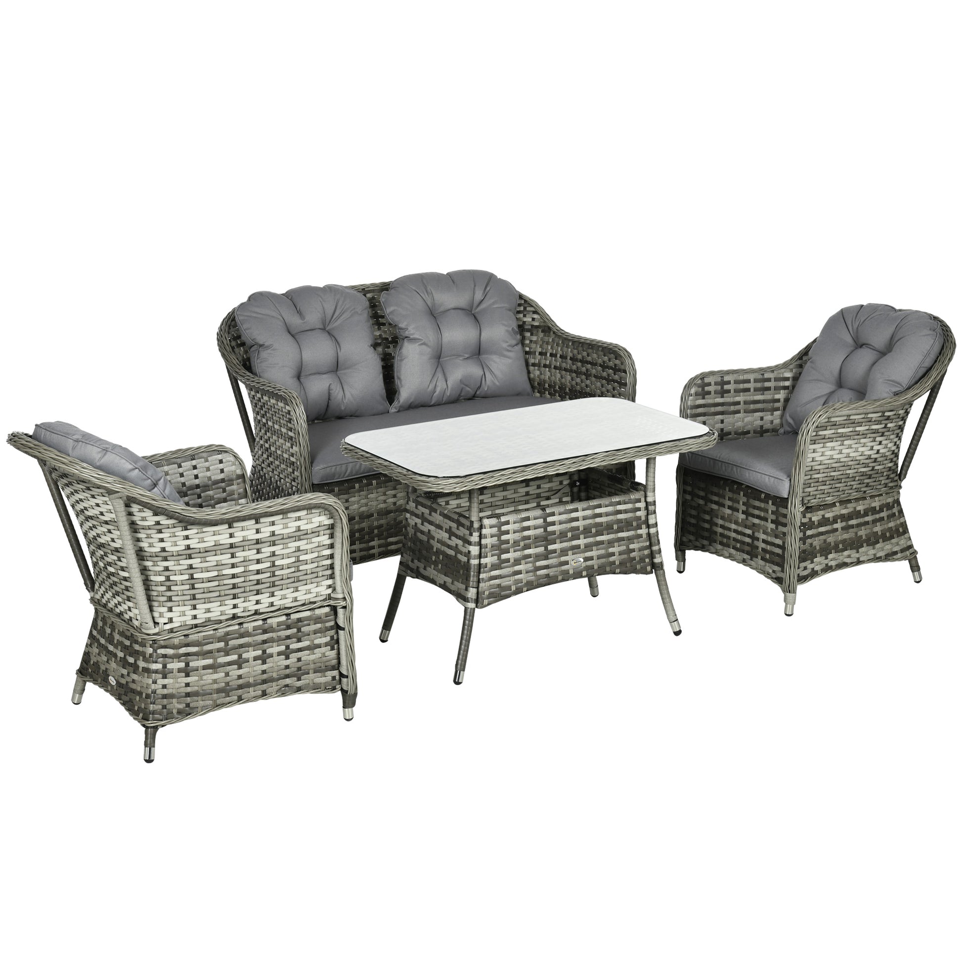 Photo of Outsunny Four-Piece Rattan Set, with Glass-Top Table - Grey in Grey colour on a white background