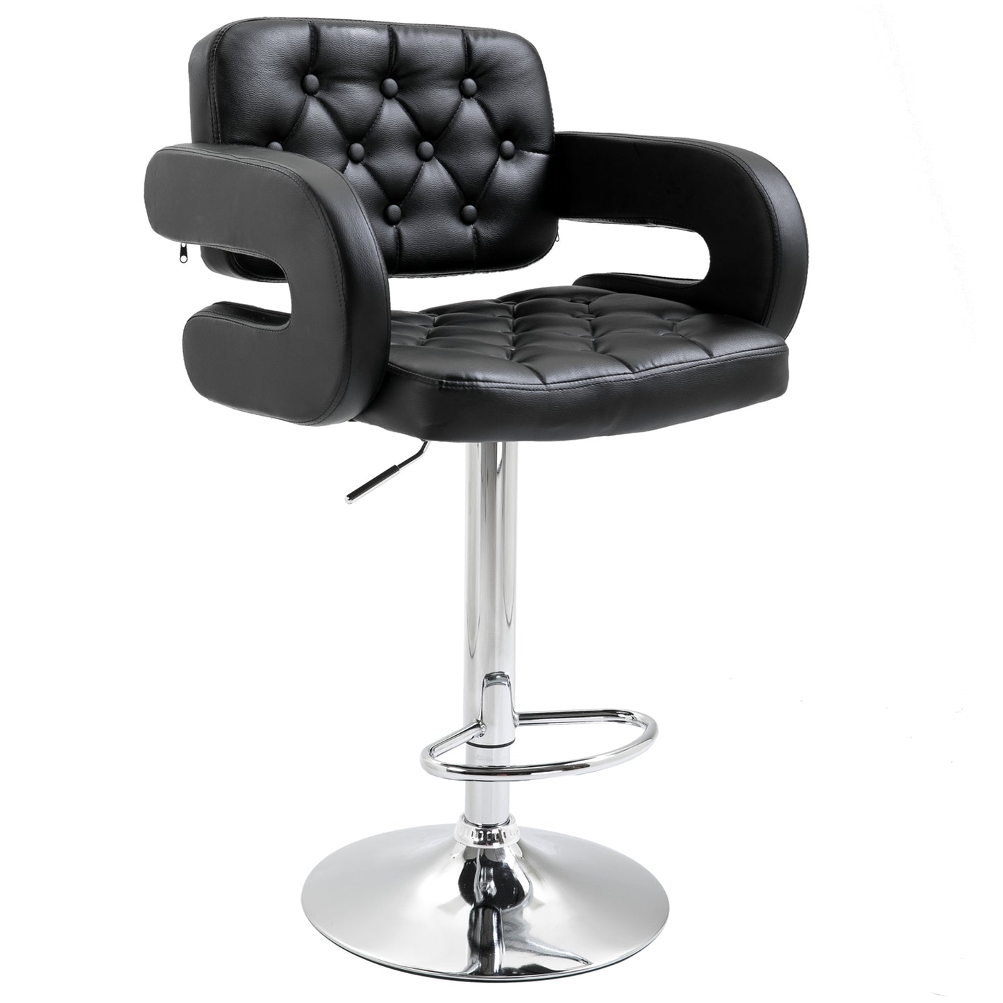 Photo of HOMCOM PU Leather Upholstered Swivel Bar Stool, Height Adjustable with Back, Armrest, Footrest, Black in Black colour on a white background