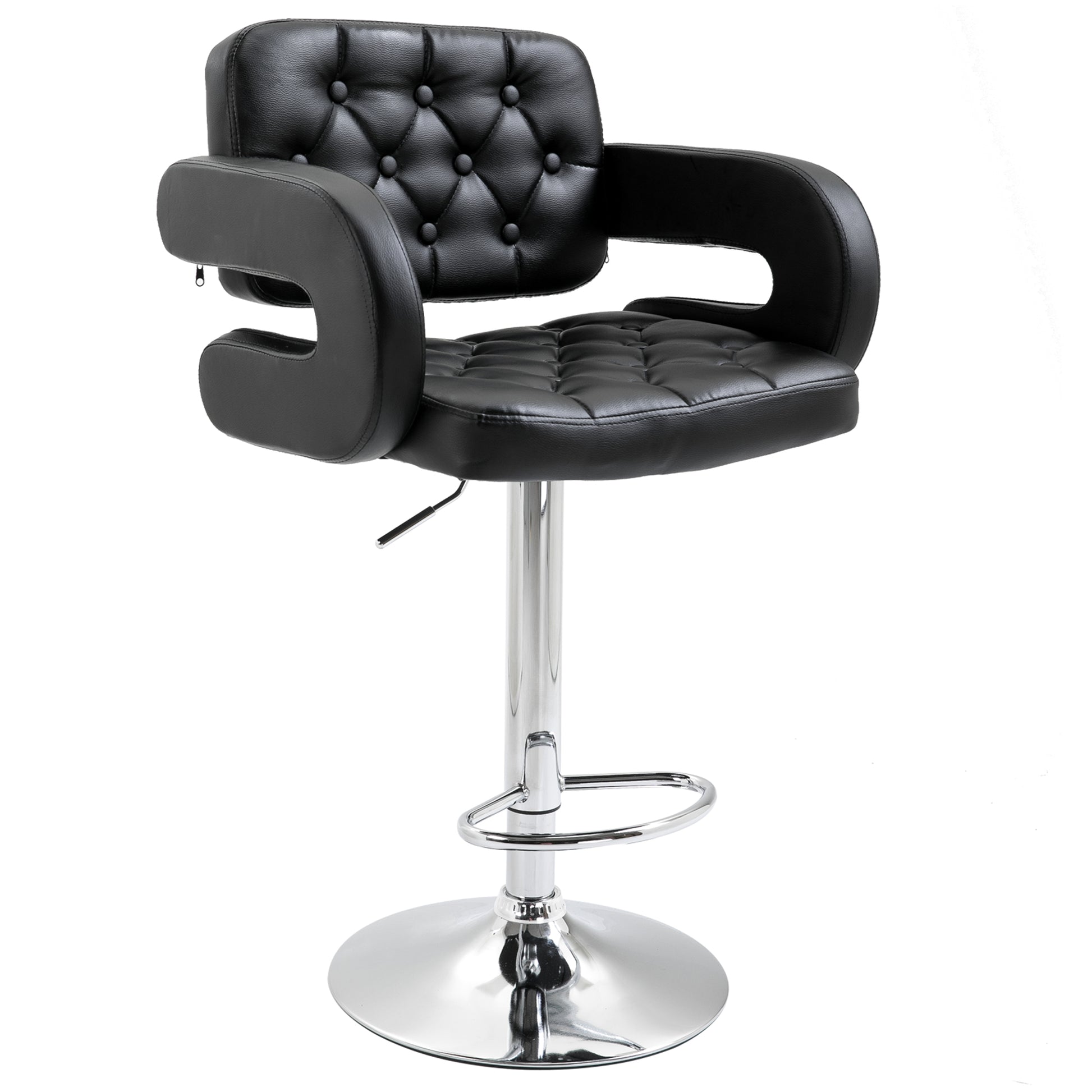 Photo of HOMCOM PU Leather Upholstered Swivel Bar Stool, Height Adjustable with Back, Armrest, Footrest, Black in Black colour on a white background