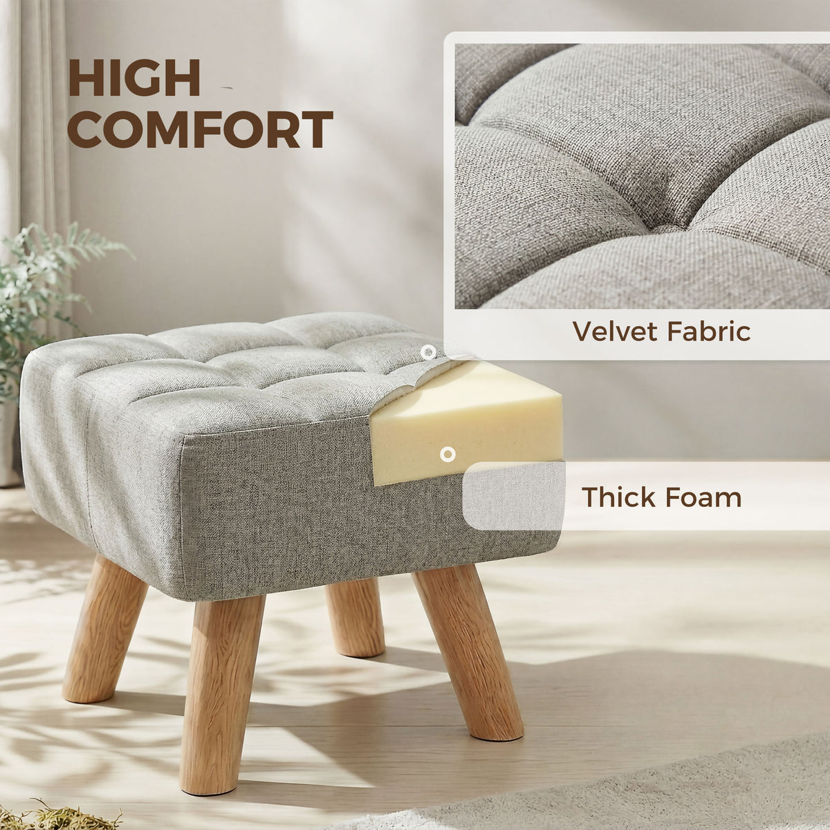 HOMCOM Linen-Look Square Padded Footstool - Light Brown