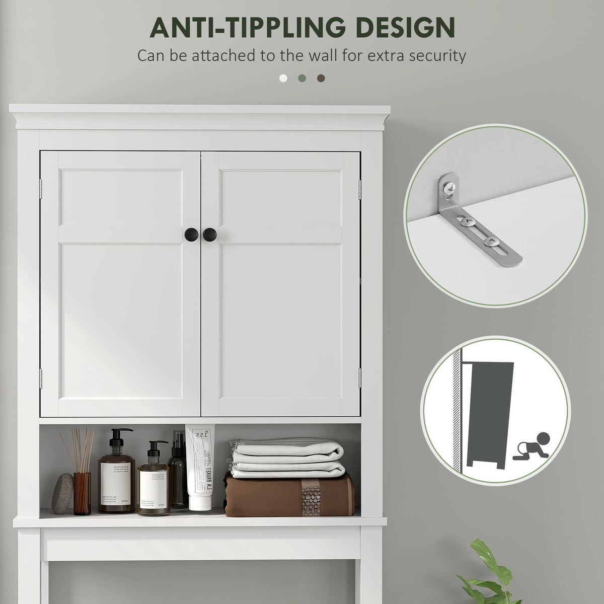 HOMCOM white over-toilet cabinet with two doors, open shelf and wall anti-tip bracket detail