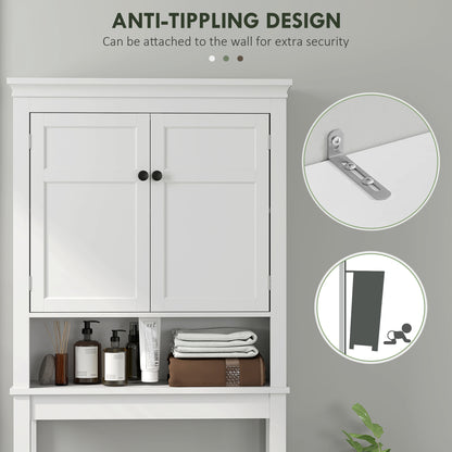 HOMCOM white over-toilet cabinet with two doors, open shelf and wall anti-tip bracket detail