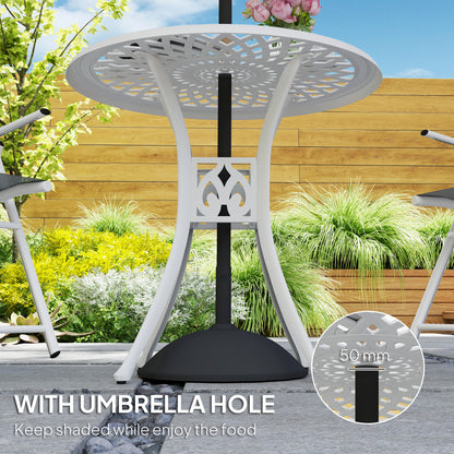 White round garden table with a central parasol hole and decorative cast aluminium base