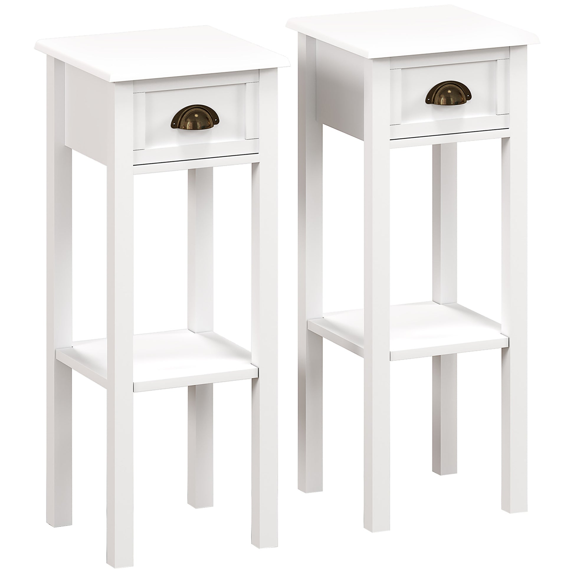 Photo of HOMCOM 2-Tier Side Tables Set of 2 with Drawer and Shelf, 2 Pieces Bedside Tables for Living Room and Hallway, White in White colour on a white background