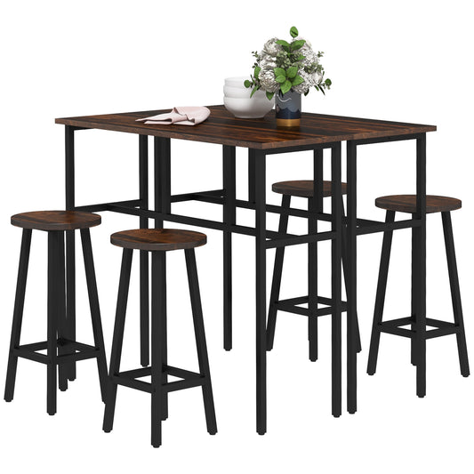 Photo of HOMCOM 6-Piece Industrial Bar Table Set, 2 Breakfast Tables with 4 Stools Brown in Brown colour on a white background