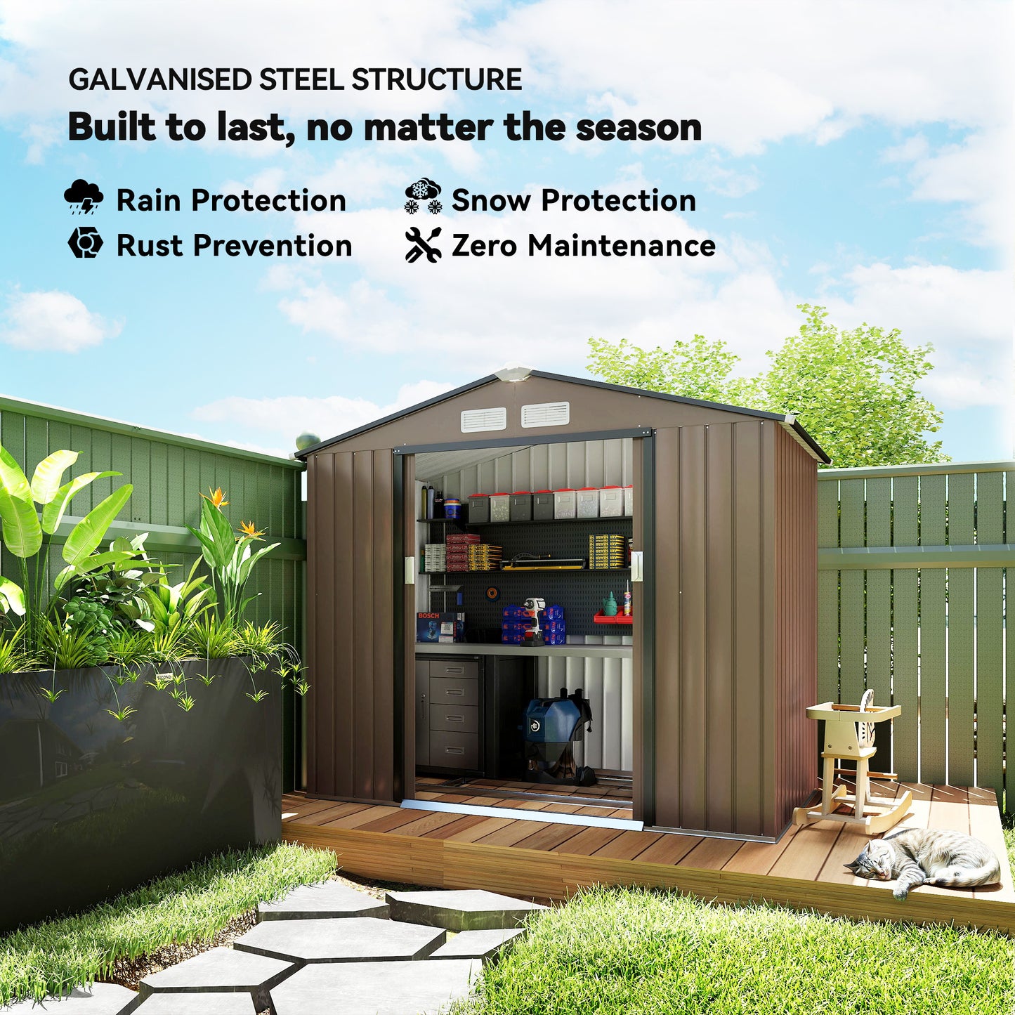 Outsunny 7 x 4ft Metal Garden Shed, Outdoor Storage Tool House with Ventilation Slots, Brown