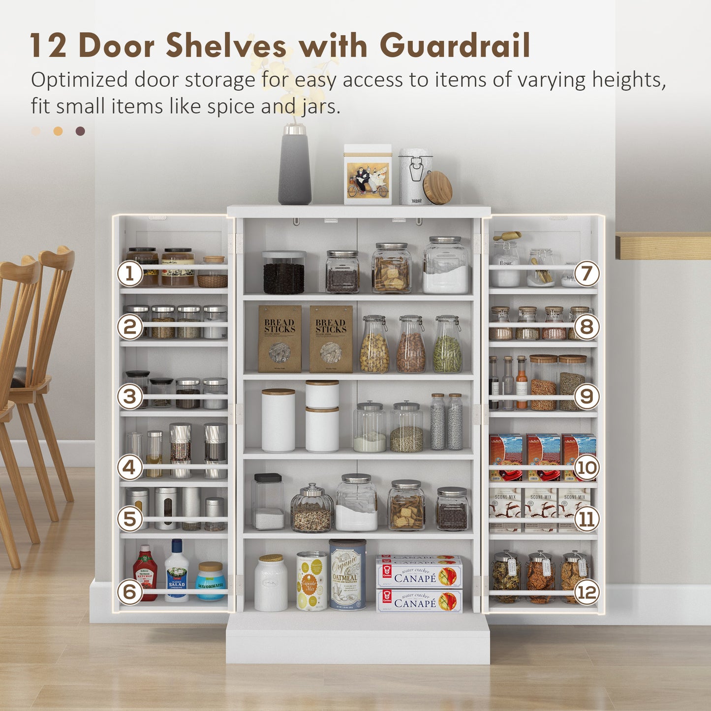 HOMCOM Kitchen Cupboard 6-tier Door Racks Freestanding Multi-Storage with Adjustable Shelves, White