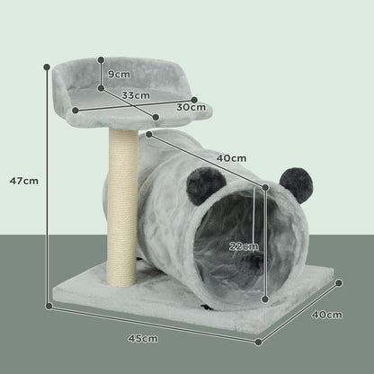 Grey cat tree with bed and tunnel; dimension diagram shows a 47 cm height and 45 cm base