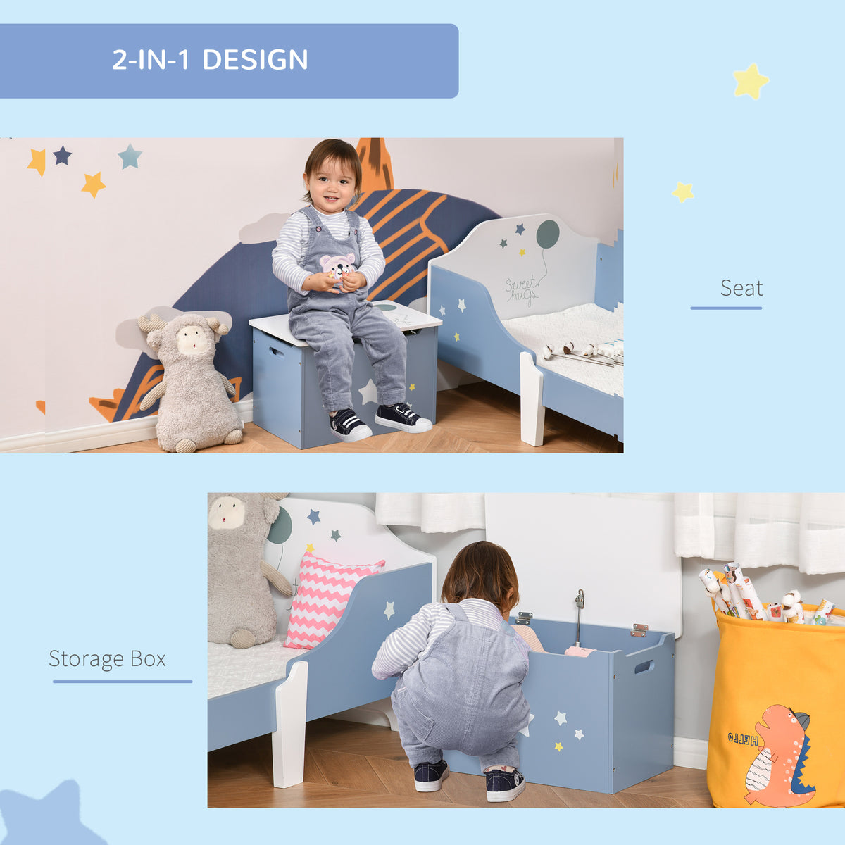 Blue toy chest shown as a seat and storage box in a child's room