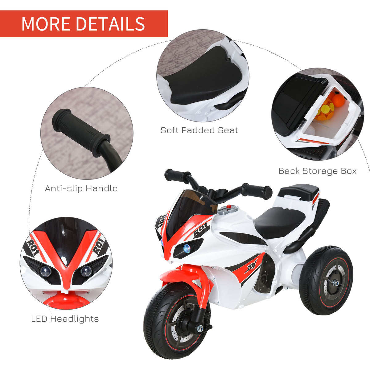 HOMCOM ride-on police motorcycle with padded seat, storage box, LED headlights, and anti-slip grips