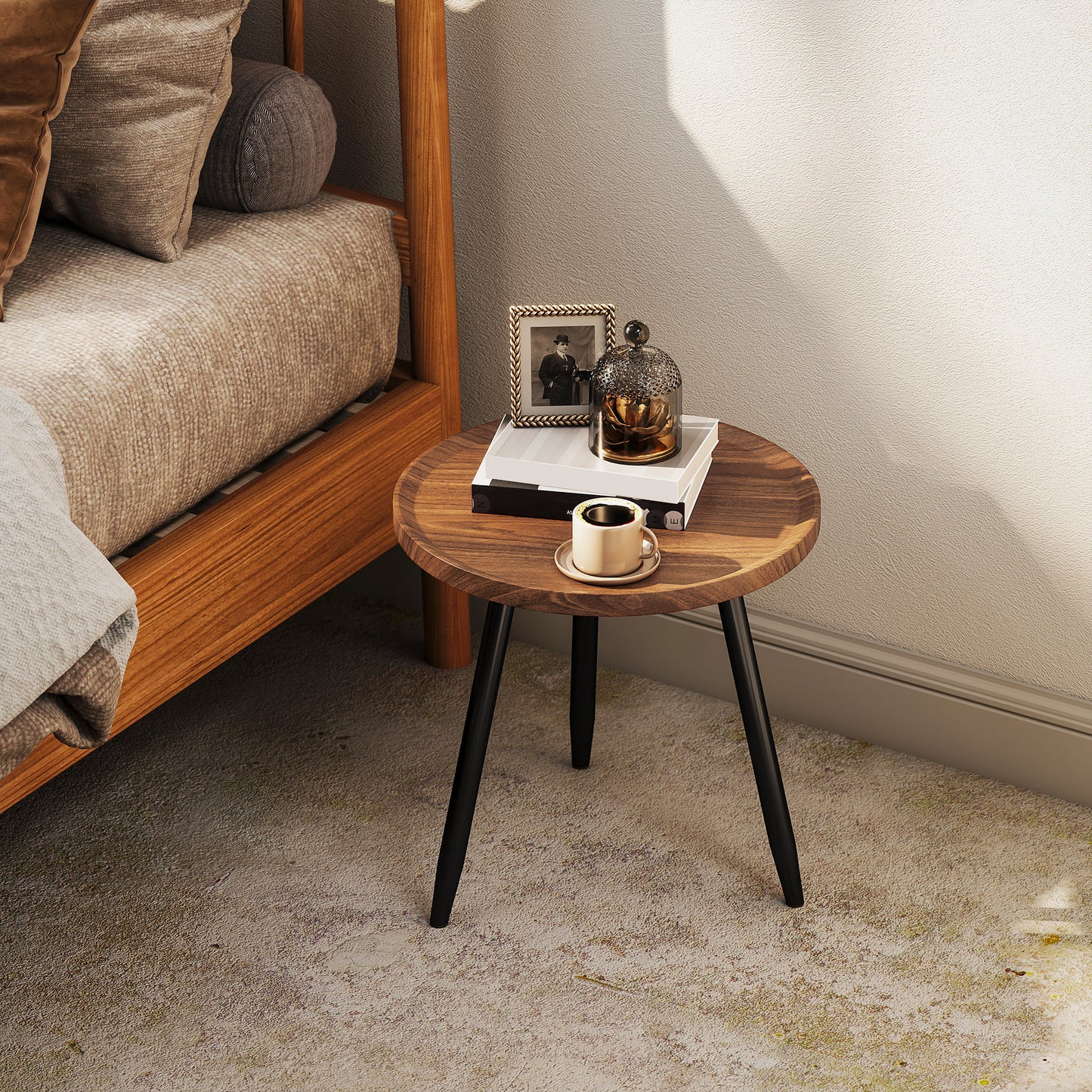 HOMCOM Modern Round Coffee Table with Steel Frame for Small Space, Sofa Beside, Living Room, Chestnut Wood Effect