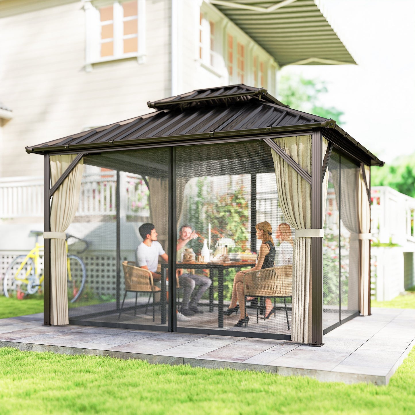 Outsunny 3x3.6 m Hardtop Gazebo Canopy with UPF50+ Double Galvanised Steel Roof, Aluminium Garden Gazebo Permanent Pavilion, Brown