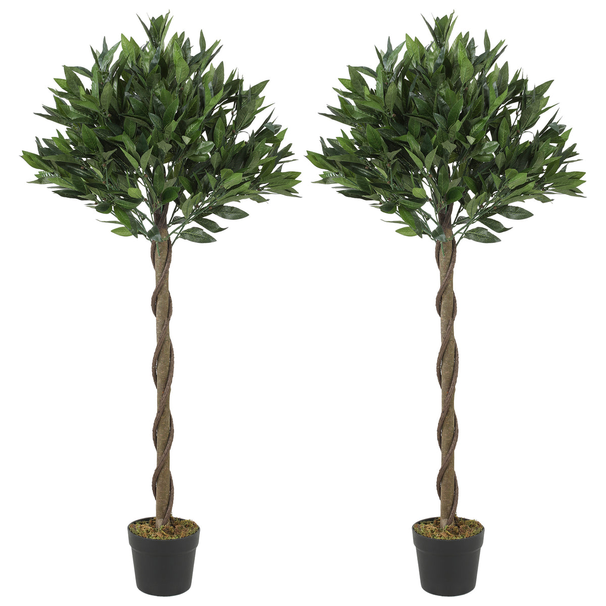 Photo of Outsunny Artificial Bay Laurel Topiary Trees with Twisted Trunk, Realistic Lush Topiary Ball Tree with Weighted Pot, Set of 2 in 2 colour on a white background