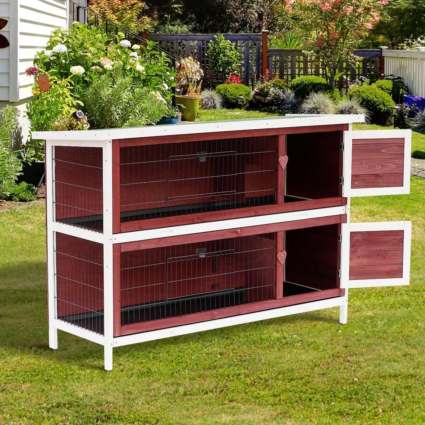 Photo of Pawhut Two-Tier Double Decker Wooden Guinea Pigs Hutches Pet Cage 136.4Lx50Wx93H cm-Brown/White in cm-Brown/White colour on a white background