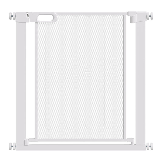 PawHut white pet safety gate with mesh panel, latch, and adjustable pressure mounts