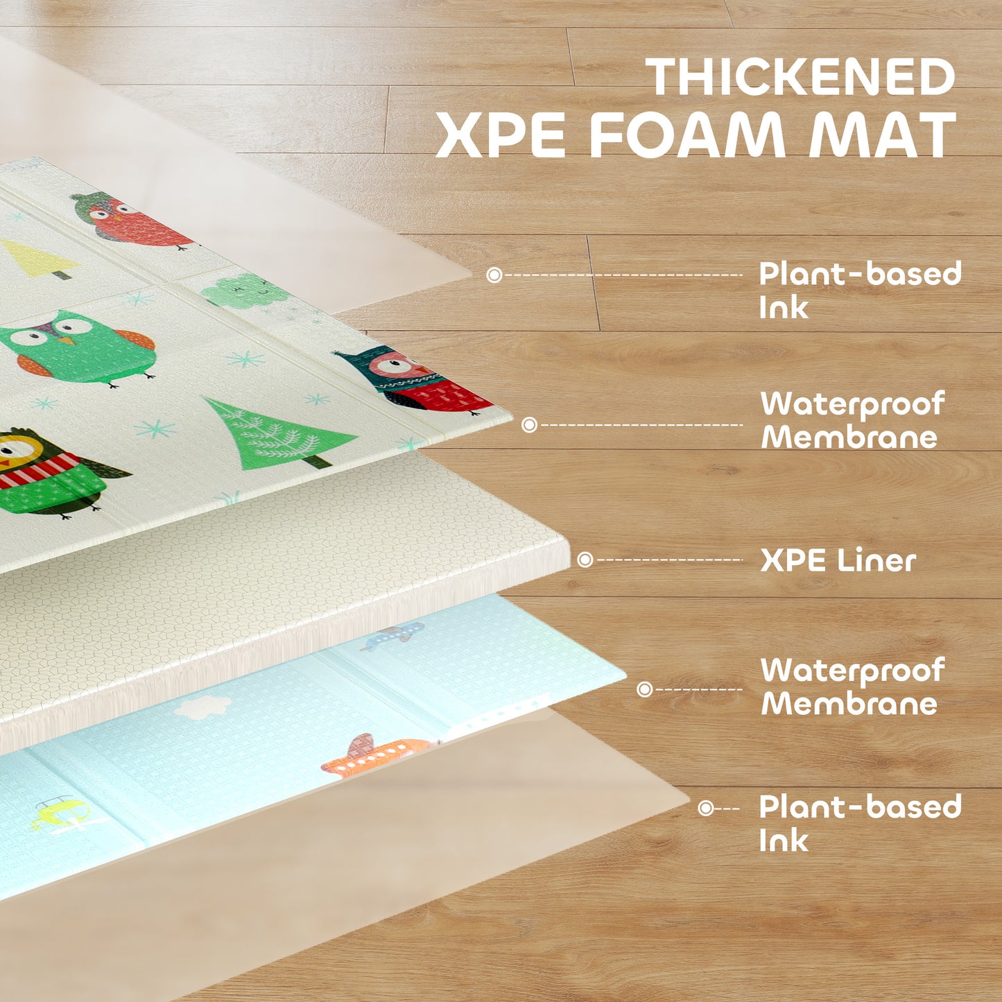 AIYAPLAY Foldable Baby Plat Mat Double Sided, Kids Floor Mat for Crawling, 200L x 150W cm, Car track and Owl Theme