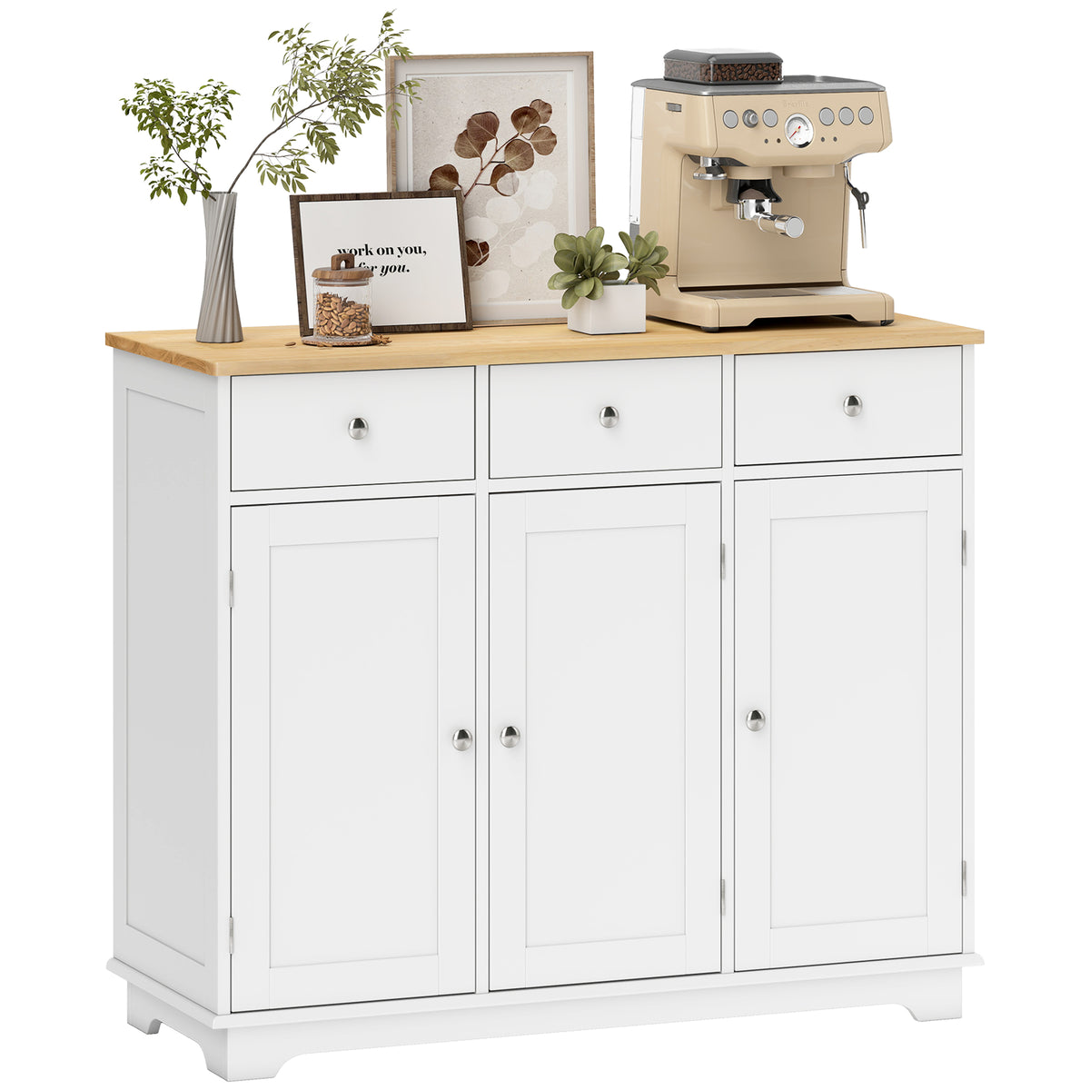 White sideboard with a light wood top, three drawers, and three cabinet doors.