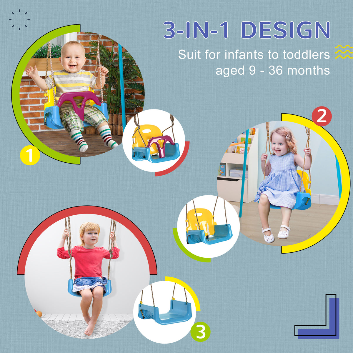 Outsunny 3-in-1 kids swing shown in three configurations for infants and toddlers