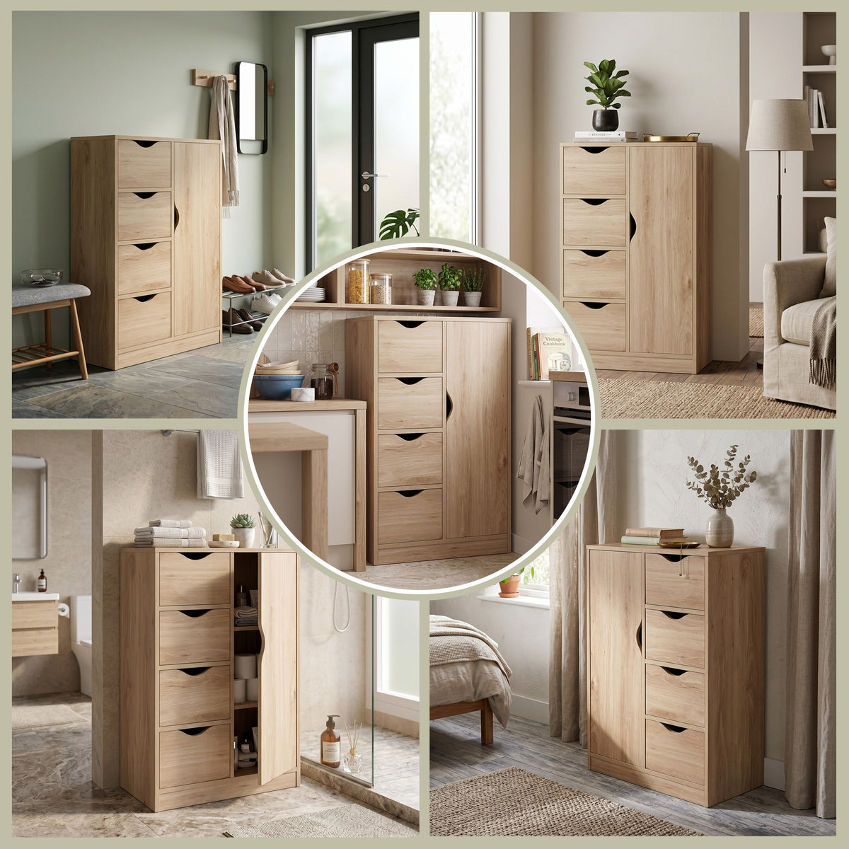 Natural wood four-drawer cabinet shown in bathroom, kitchen, and living spaces