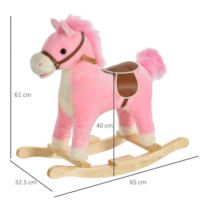 Pink plush rocking horse with wooden base, shown with dimensions of 65 by 32.5 by 61 cm.