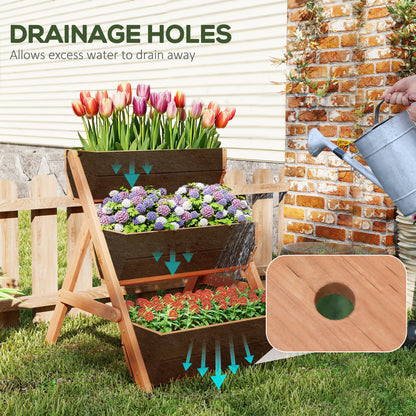 Outsunny three-tier wooden planter with visible drainage hole and flowers