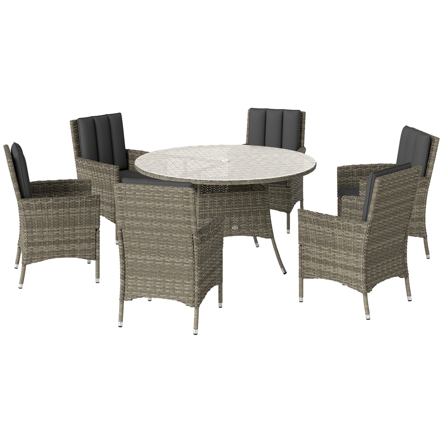 Photo of Outsunny Seven-Piece Rattan Dining Table, with Round Glass-Top Table - Light Grey in Grey colour on a white background