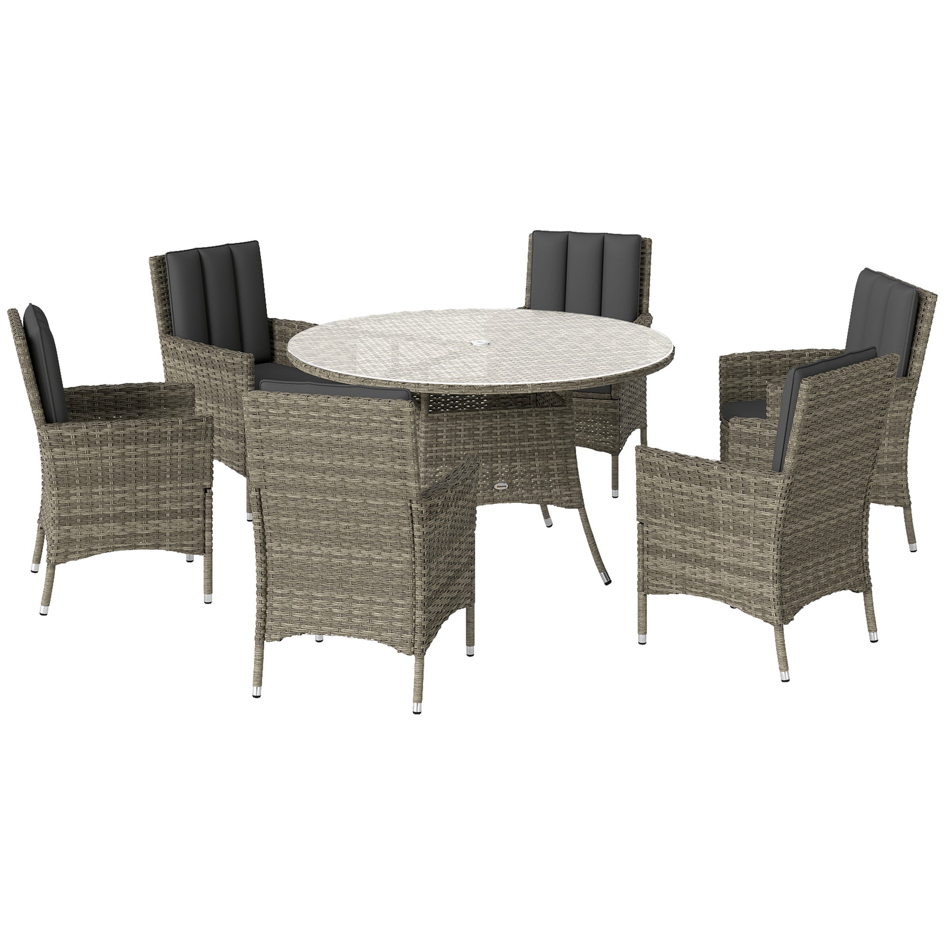 Photo of Outsunny Seven-Piece Rattan Dining Table, with Round Glass-Top Table - Light Grey in Grey colour on a white background
