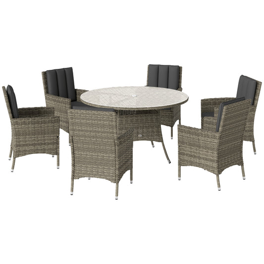 Photo of Outsunny Seven-Piece Rattan Dining Table, with Round Glass-Top Table - Light Grey in Grey colour on a white background