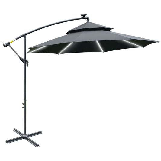 Photo of Outsunny 3(m) Cantilever Banana Parasol Hanging Umbrella with LED Solar lights, Crank, 8 Sturdy Ribs and Cross Base for Outdoor, Garden, Patio, Black in Black colour on a white background