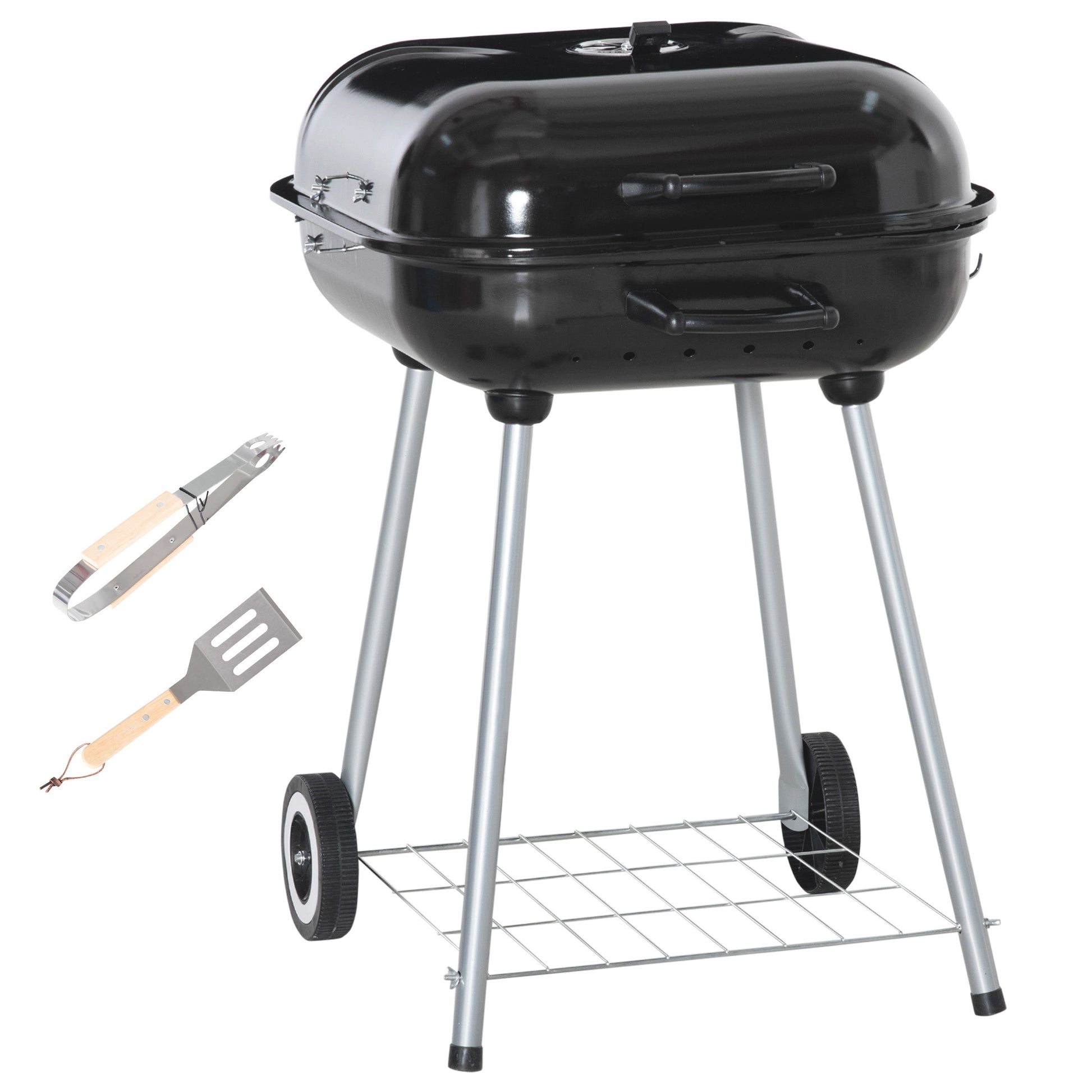 Photo of Outsunny Portable BBQ Charcoal Grill with 2 Wheels and Cooking Utensils, Smoker Grill with Lid for Outdoor Barbecues, Camping, Picnic, Courtyard in Courtyard colour on a white background