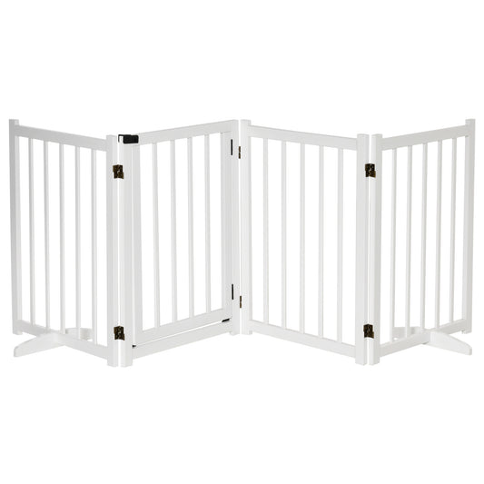 White four-panel wooden dog gate with a built-in door, metal hinges and support feet