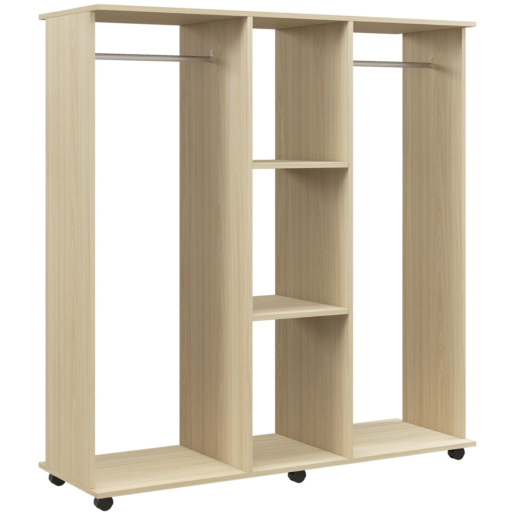 Photo of HOMCOM Open Wardrobe Double Mobile Storage Shelves Organizer W/6 Wheels-Natural in Wheels-Natural colour on a white background