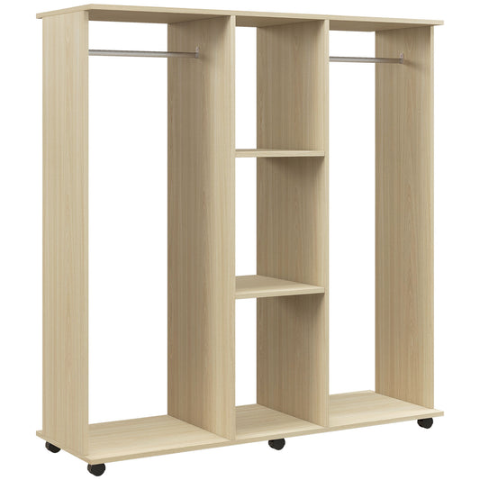 Photo of HOMCOM Open Wardrobe Double Mobile Storage Shelves Organizer W/6 Wheels-Natural in Wheels-Natural colour on a white background