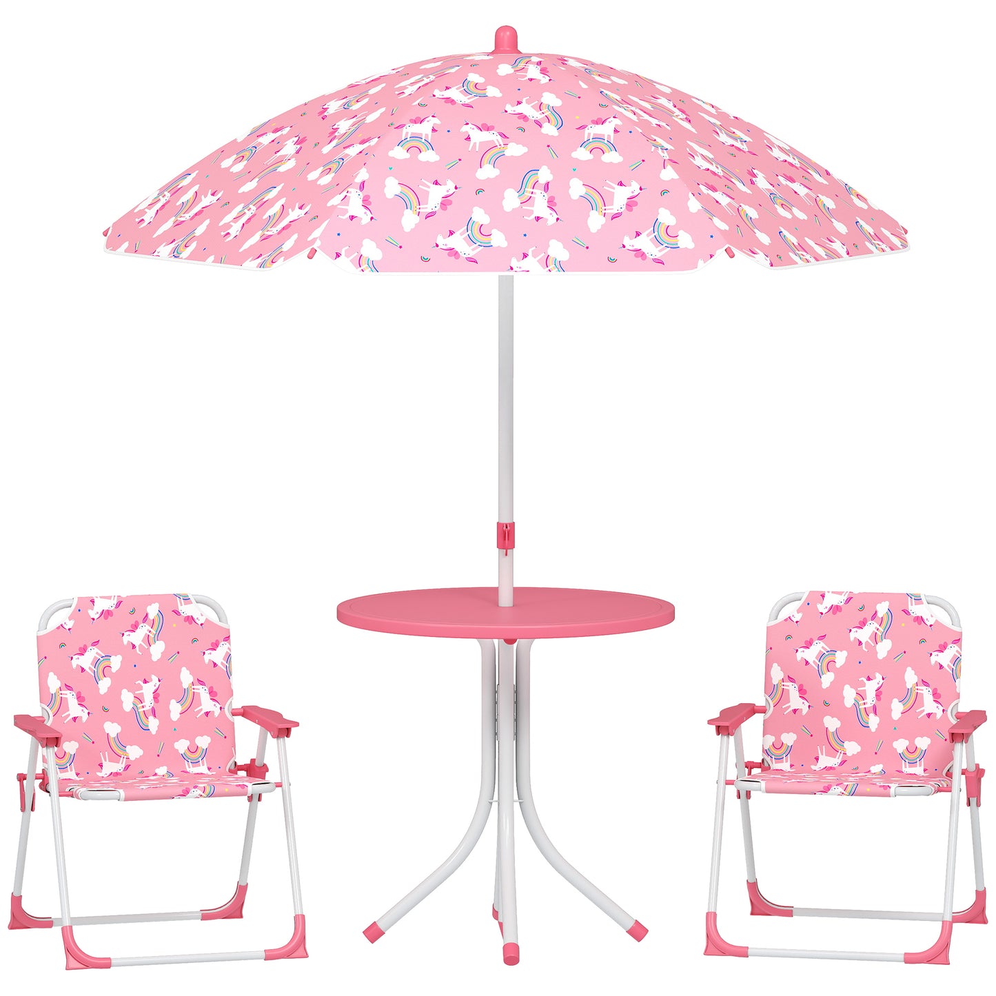 Photo of AIYAPLAY Kids Patio Table and Chair Set, Kids Garden Furniture with Umbrella, 4-Piece Bistro Set for Garden, Pink in Pink colour on a white background