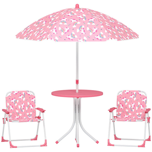 Photo of AIYAPLAY Kids Patio Table and Chair Set, Kids Garden Furniture with Umbrella, 4-Piece Bistro Set for Garden, Pink in Pink colour on a white background
