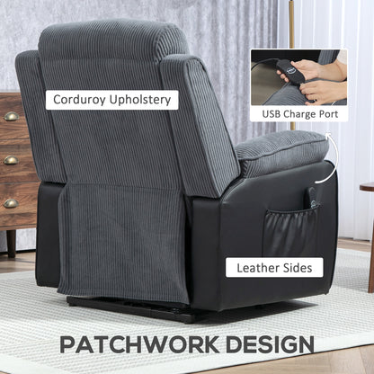 Back view of dark grey corduroy lift chair with leather-look sides, pocket and USB port