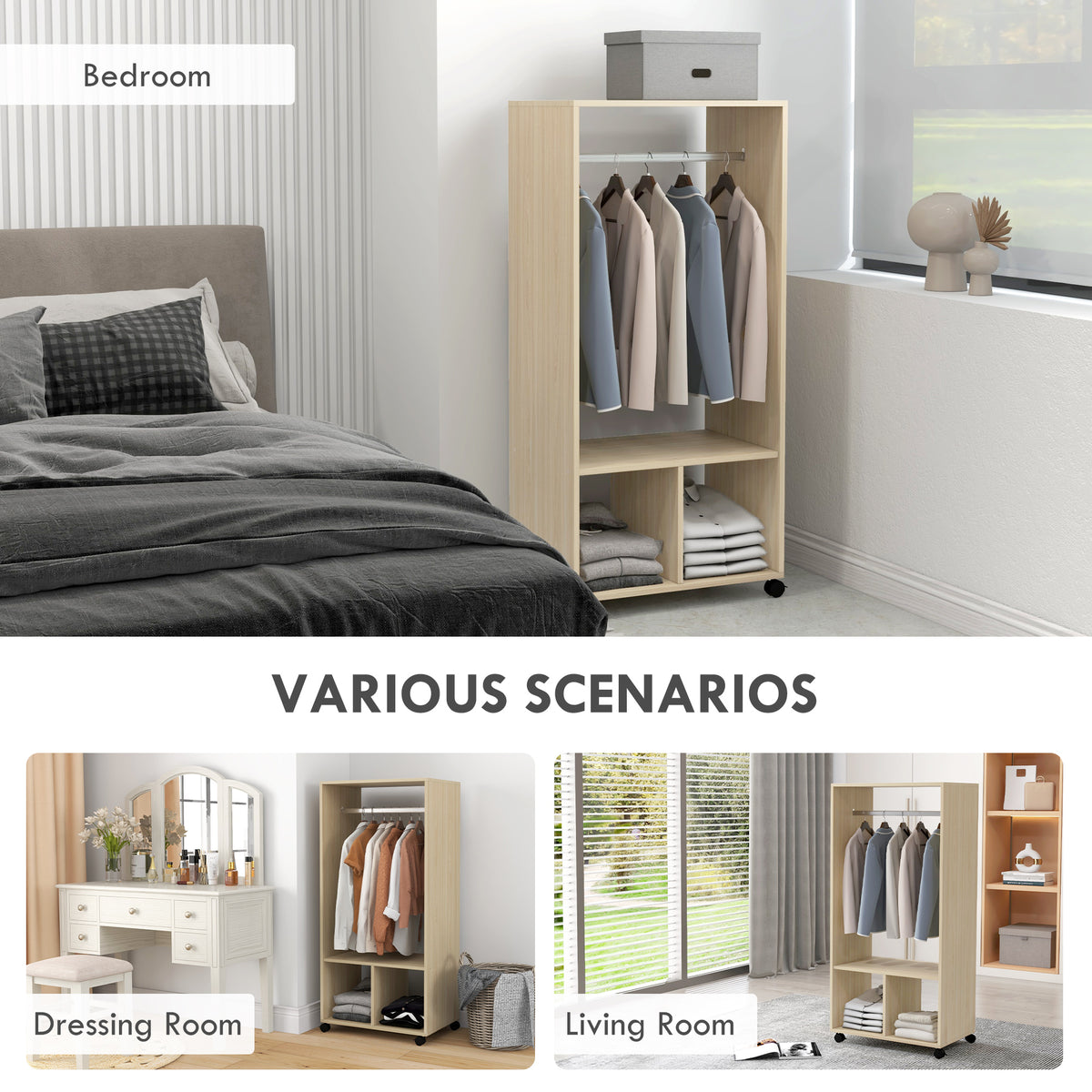 Open natural wood wardrobe holding clothes and folded garments, with hanging rail and two shelves
