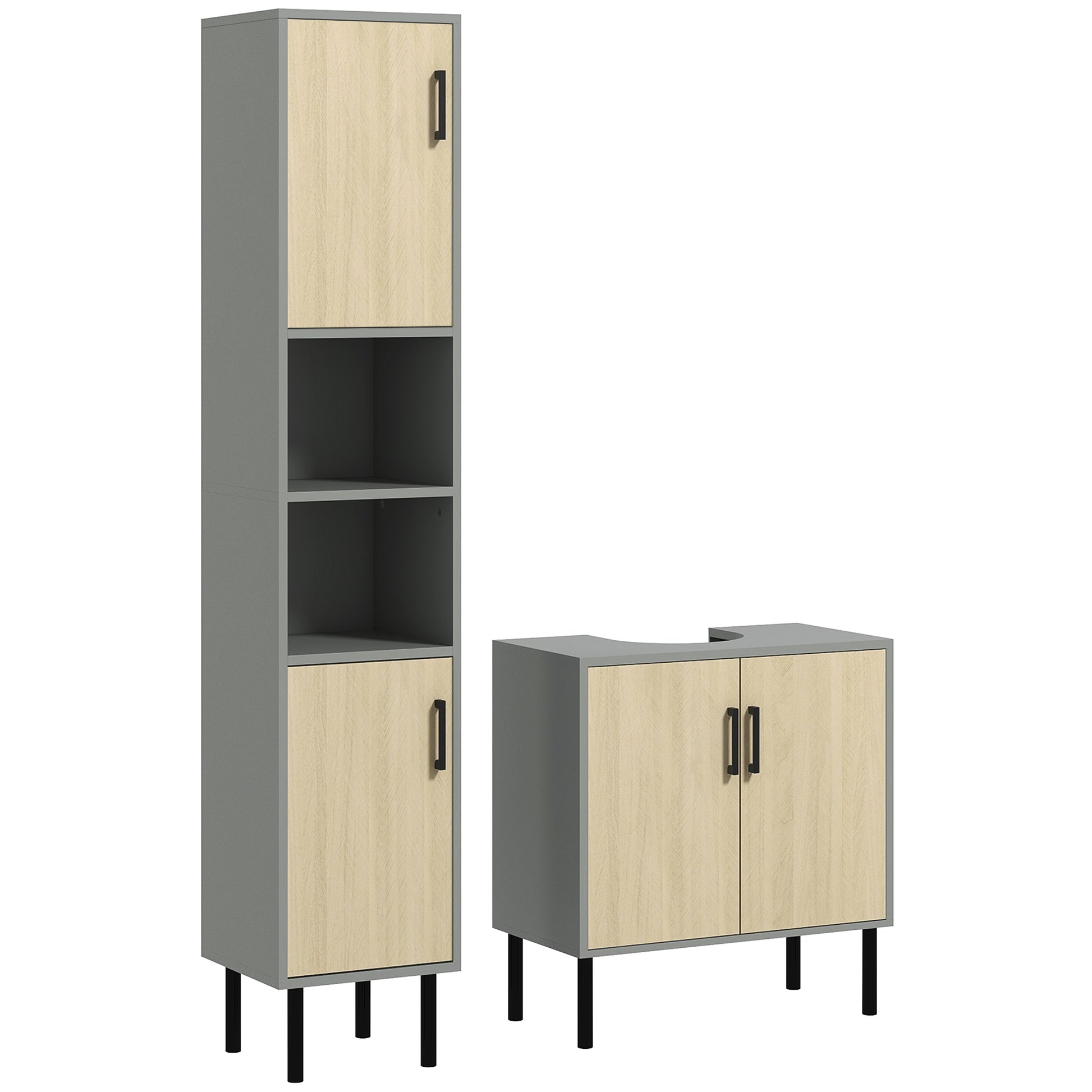 Photo of kleankin Bathroom Furniture Set with Doors, Tall Bathroom Cabinet with Adjustable Shelves, Under Sink Cabinet, Grey in Grey colour on a white background