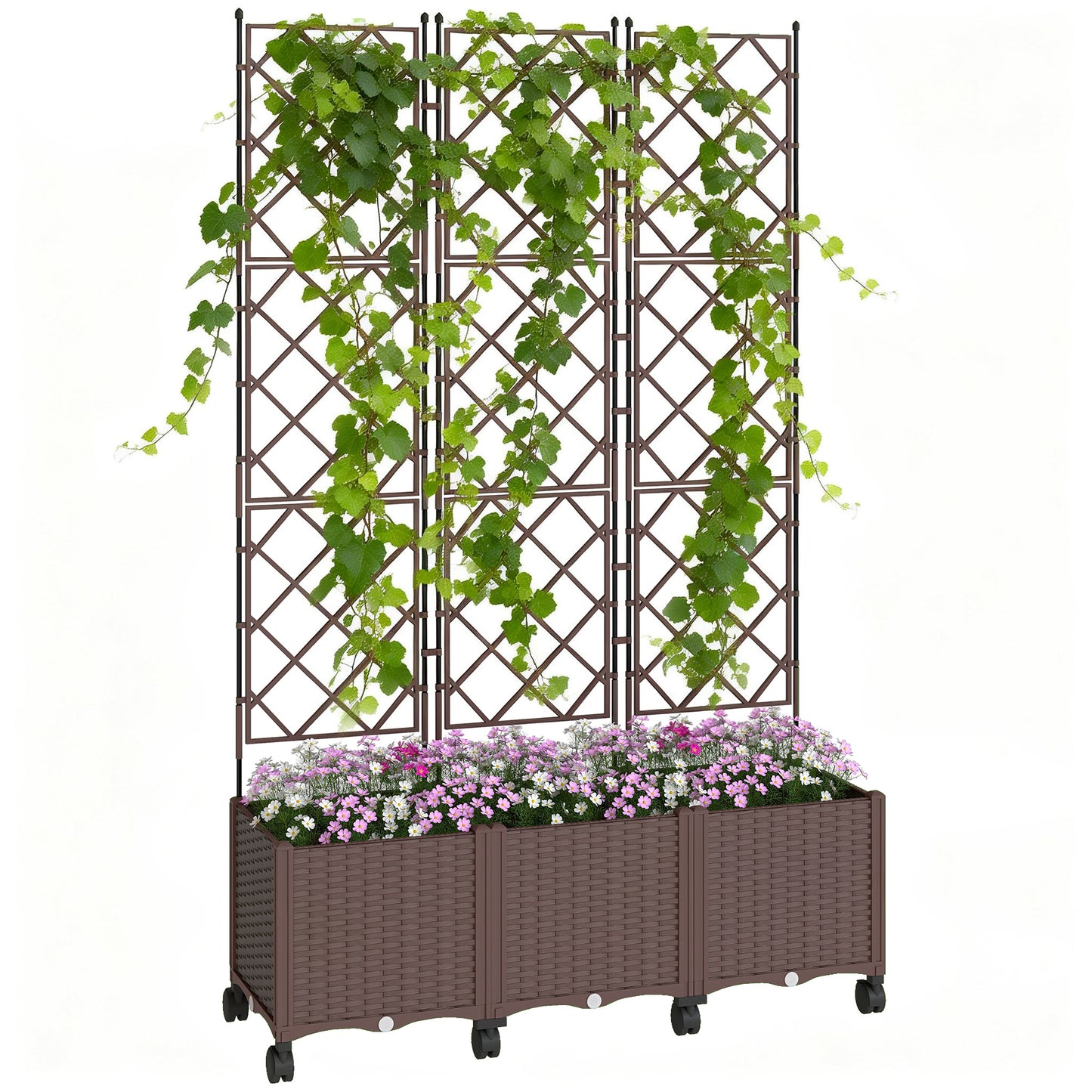 Photo of Outsunny Plastic Raised Planter with Trellis, Self Watering Raised Bed for Garden with Wheels, Drainage Holes and Plugs in Plugs colour on a white background