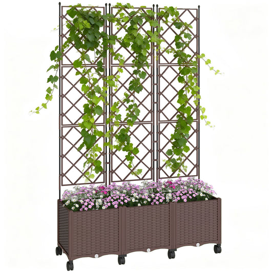 Photo of Outsunny Plastic Raised Planter with Trellis, Self Watering Raised Bed for Garden with Wheels, Drainage Holes and Plugs in Plugs colour on a white background
