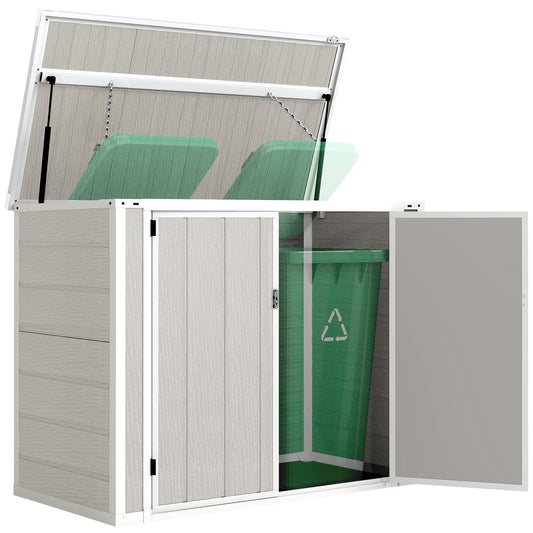 Photo of Outsunny 4.7 x 2.5FT Garden Shed, Double Bin Storage Shed with Lockable Doors, Outdoor Small Shed with Openable Lid for 2 Trash Cans, Garden Tools, Light Grey in Grey colour on a white background