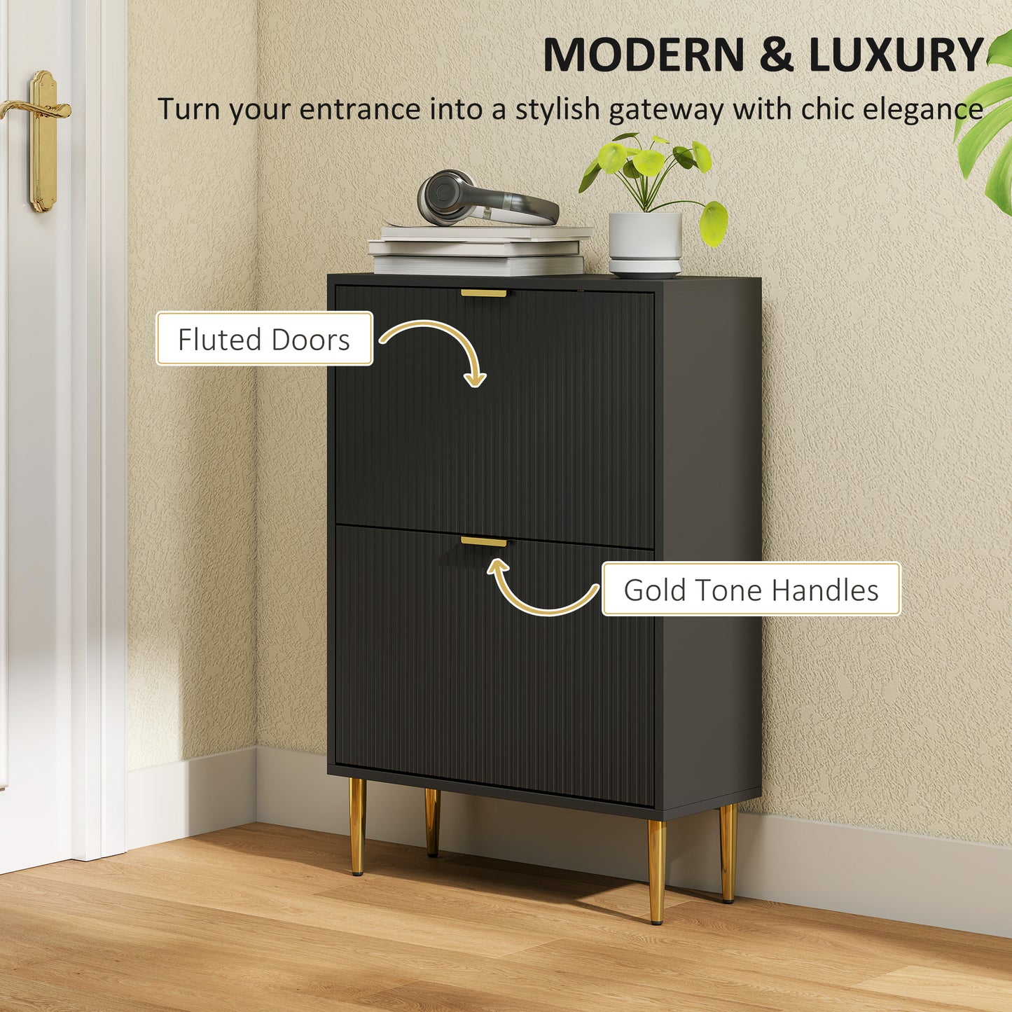 HOMCOM Elegant Two-Drawer Shoe Cabinet - Black