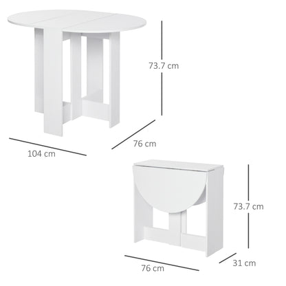 HOMCOM white drop-leaf table shown open and folded, with dimensions