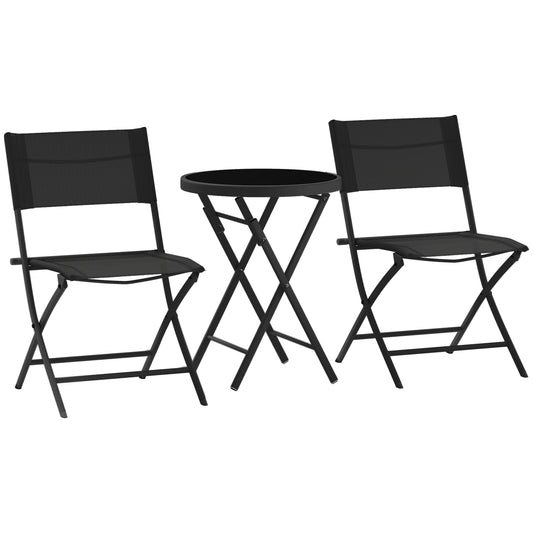 Photo of Outsunny 3 Pieces Outdoor Bistro Set, Glass Top Outdoor Table and 2 Folding Chairs with Protecting Feet, Black in Black colour on a white background