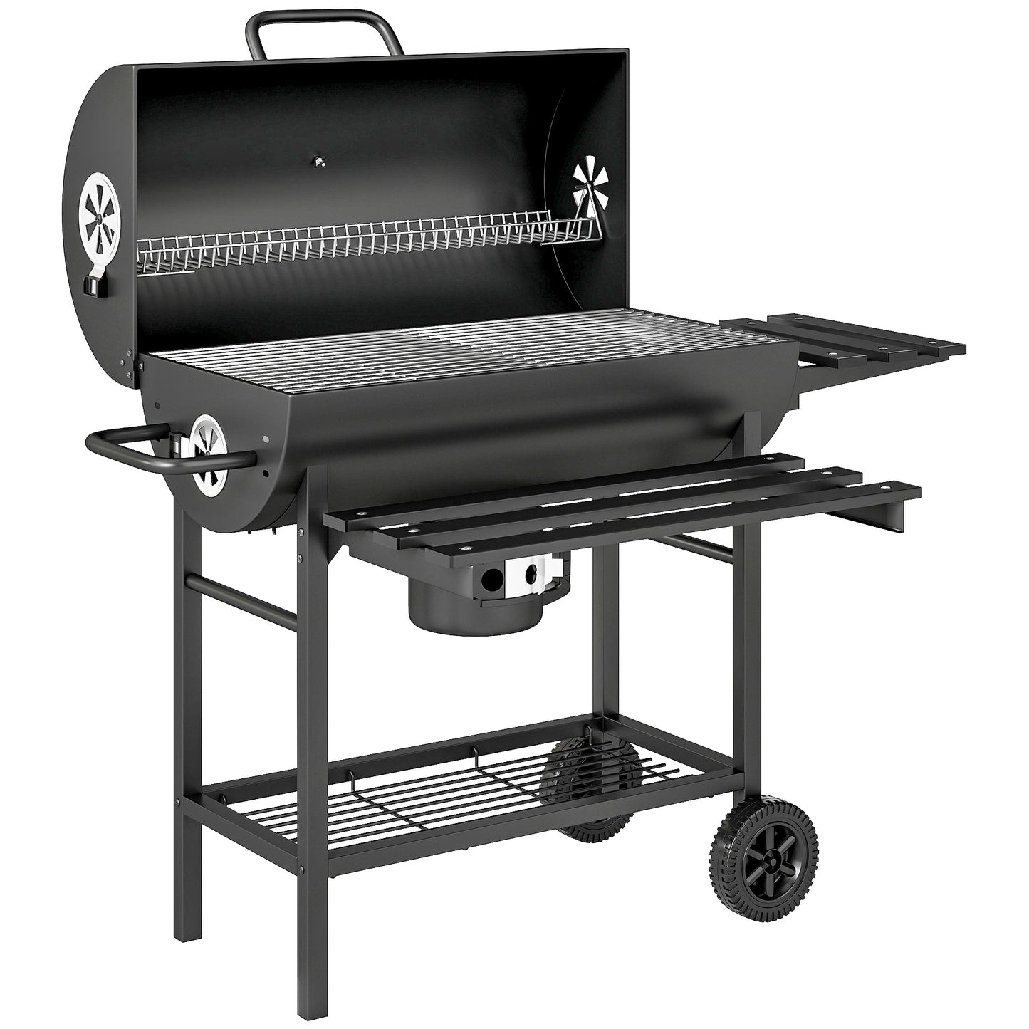 Photo of Outsunny Charcoal BBQ Grill with Foldable Front Side Shelf, Portable Barbecue Smoker with Warming Rack, Bottom Shelf, Lid, Temperature Gauge, Wheels for Outdoor Cooking Garden Party, Black in Black colour on a white background