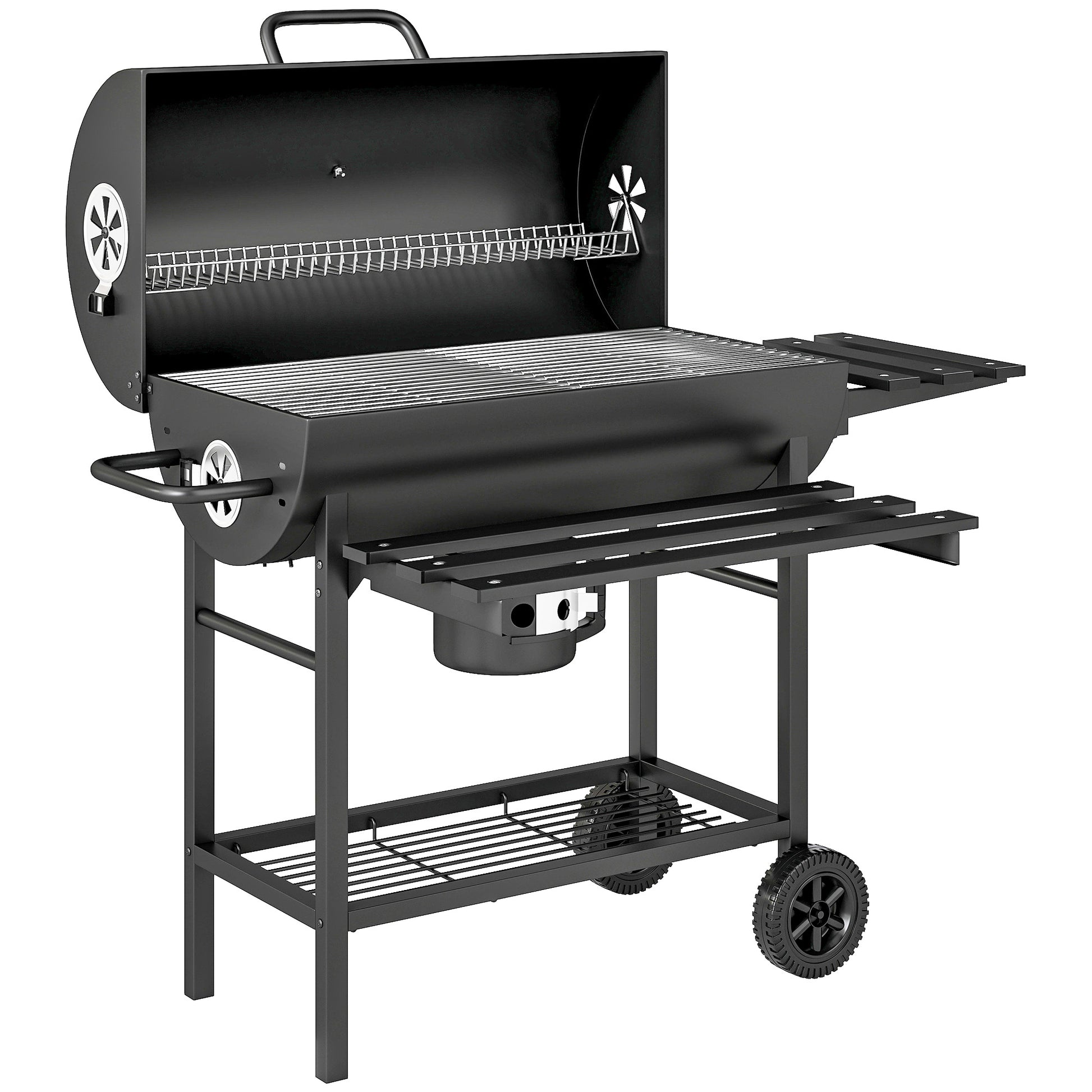 Photo of Outsunny Charcoal BBQ Grill with Foldable Front Side Shelf, Portable Barbecue Smoker with Warming Rack, Bottom Shelf, Lid, Temperature Gauge, Wheels for Outdoor Cooking Garden Party, Black in Black colour on a white background
