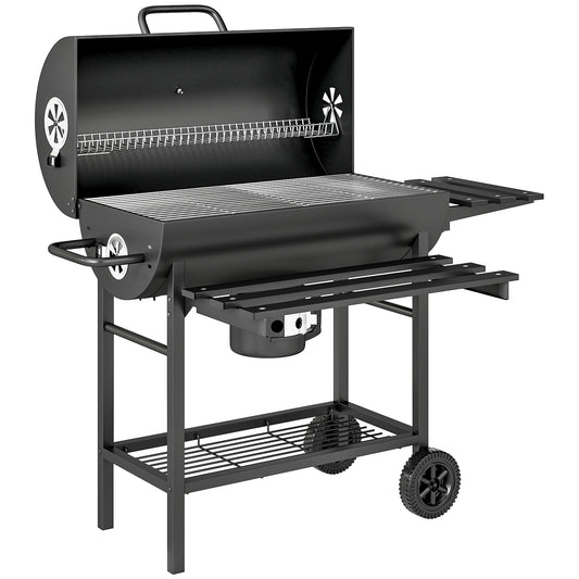 Photo of Outsunny Charcoal BBQ Grill with Foldable Front Side Shelf, Portable Barbecue Smoker with Warming Rack, Bottom Shelf, Lid, Temperature Gauge, Wheels for Outdoor Cooking Garden Party, Black in Black colour on a white background