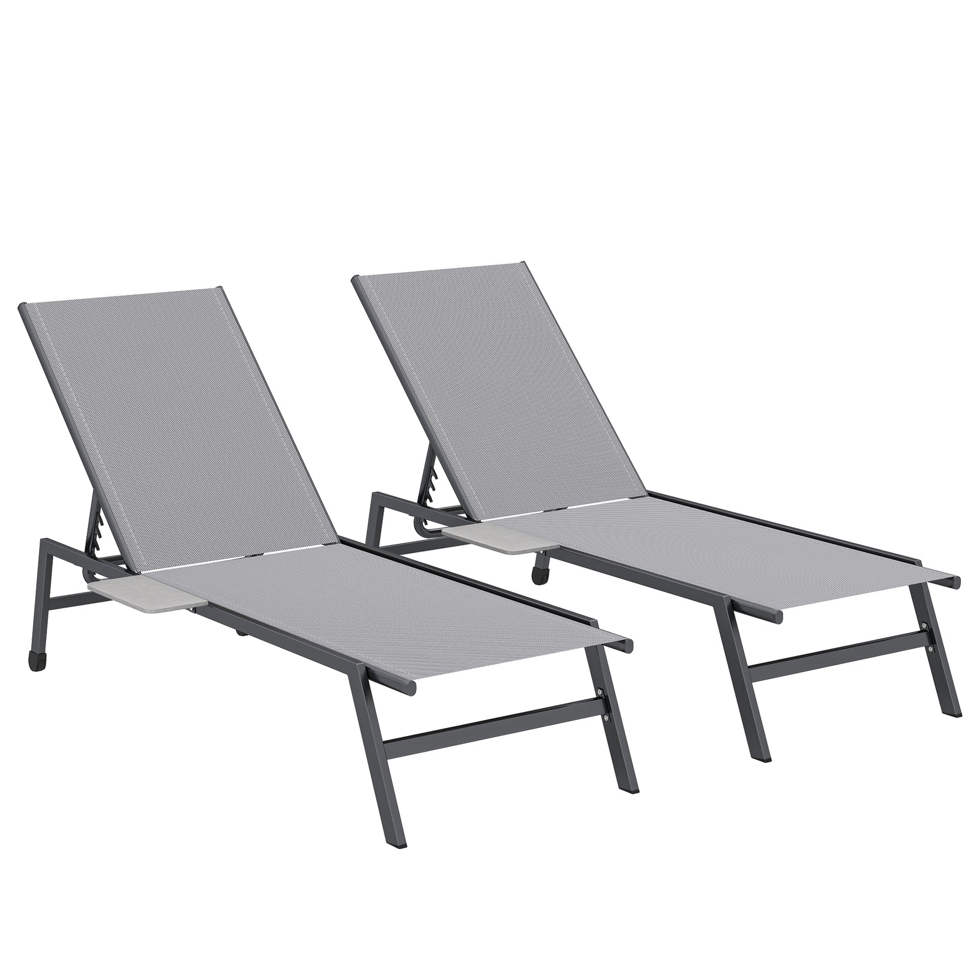 Photo of Outsunny Sun Loungers Set of 2 with Side Tray Table, Garden Recliners with 5-Position Adjustable Backrest, 2 Wheels, Grey in Grey colour on a white background